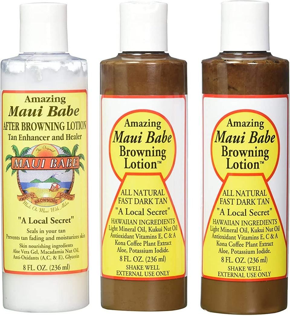 Maui Babe front packaging showing three 8 oz bottles for faster tanning
