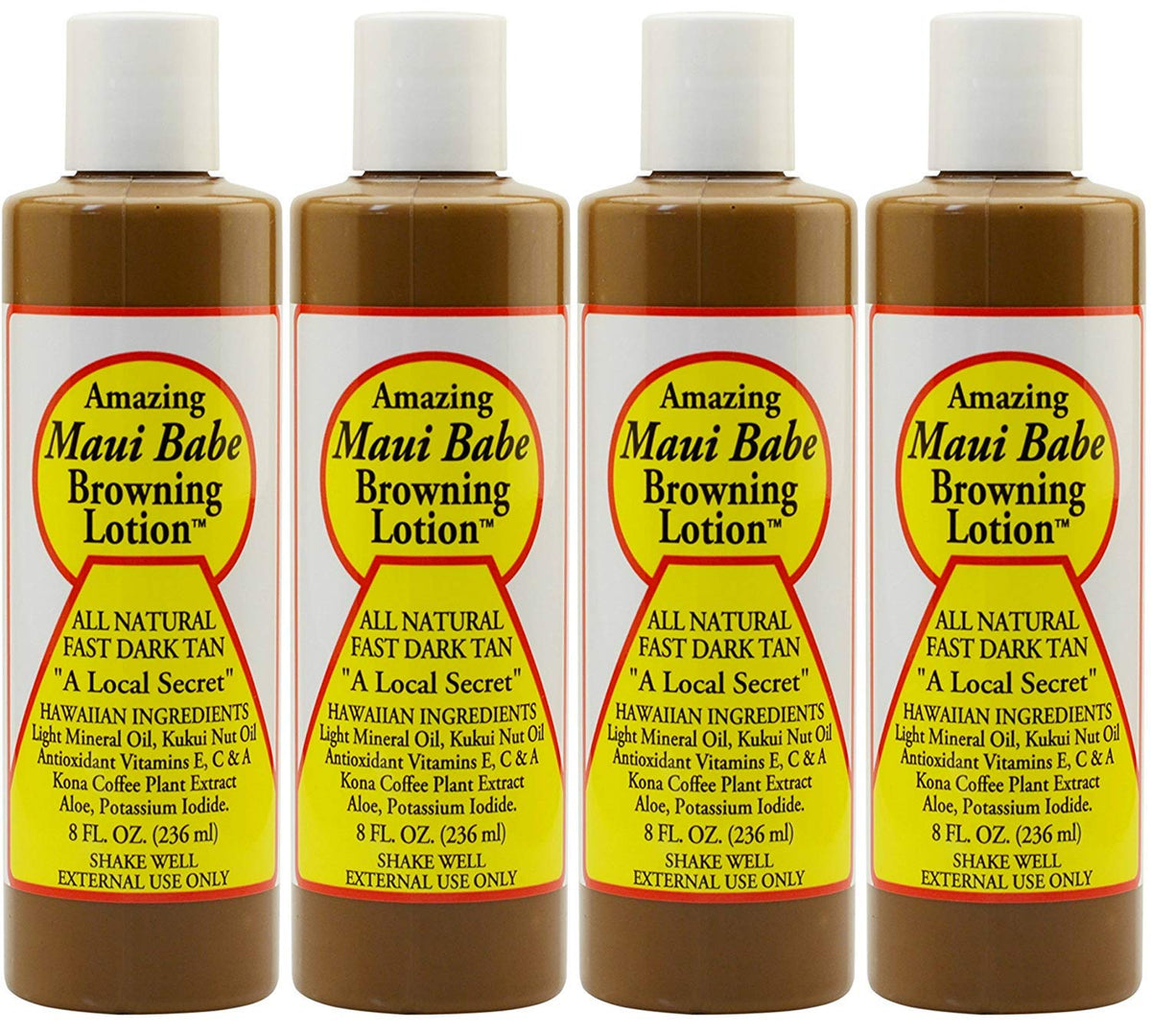 Maui Babe front packaging showing four 8 ounce bottles for extended tanning
