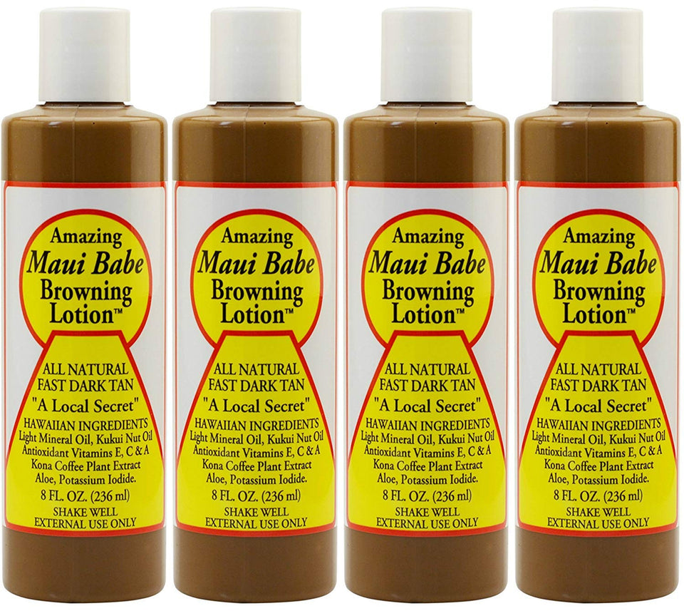 Maui Babe front packaging showing four 8 ounce bottles for extended tanning
