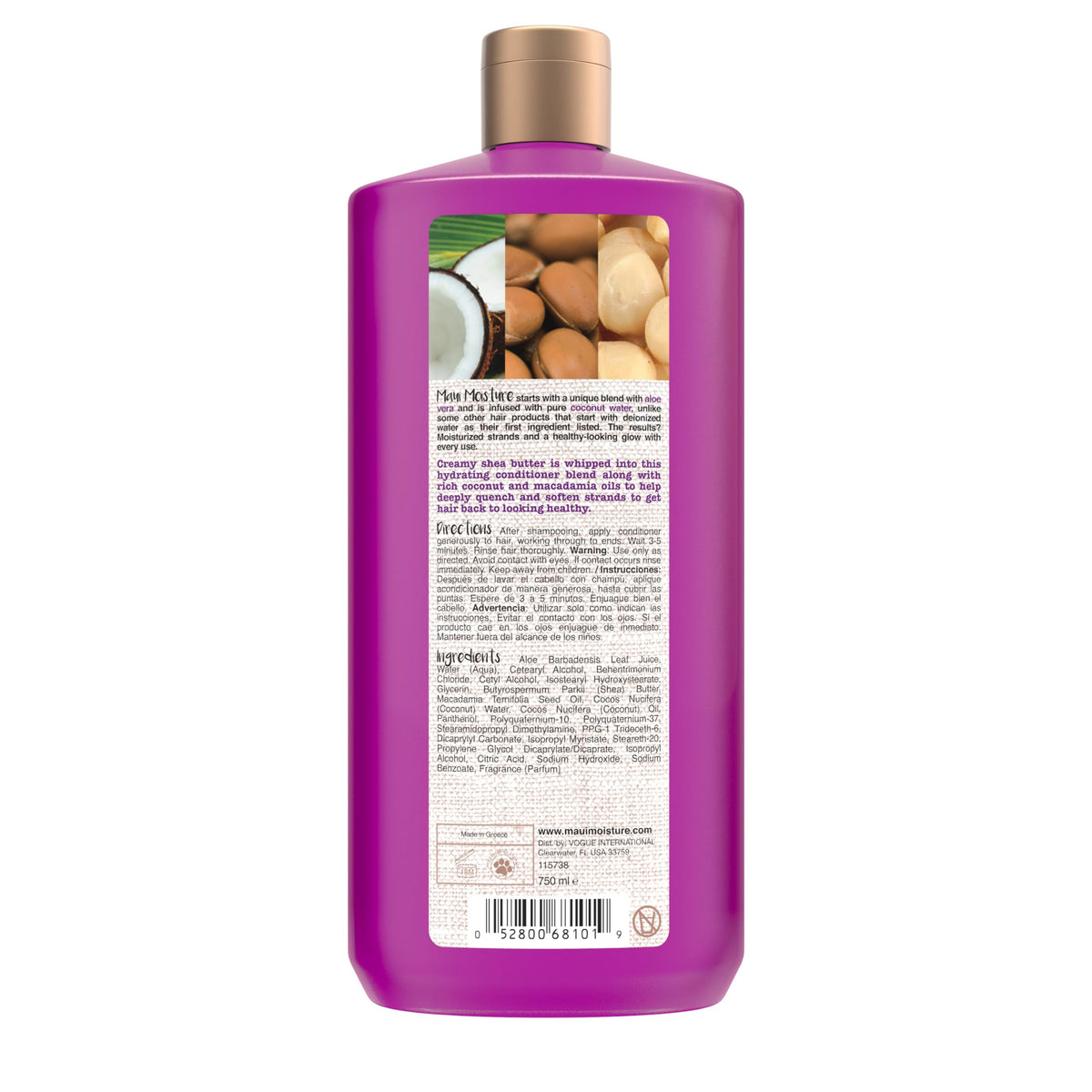 Maui Moisture back label close-up listing gentle, vegan ingredient highlights