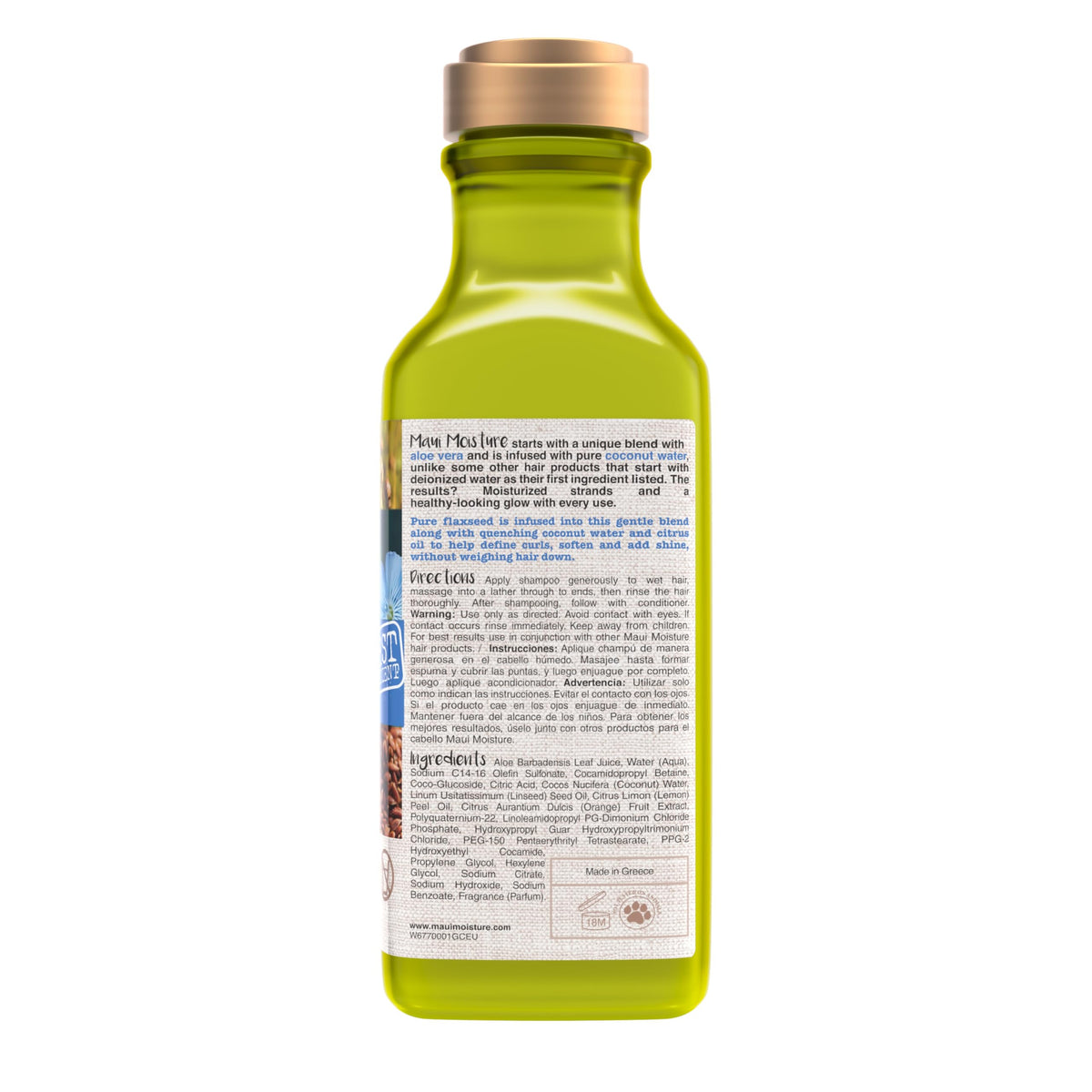 Maui Moisture bottle beside flaxseed and coconut for natural ingredients
