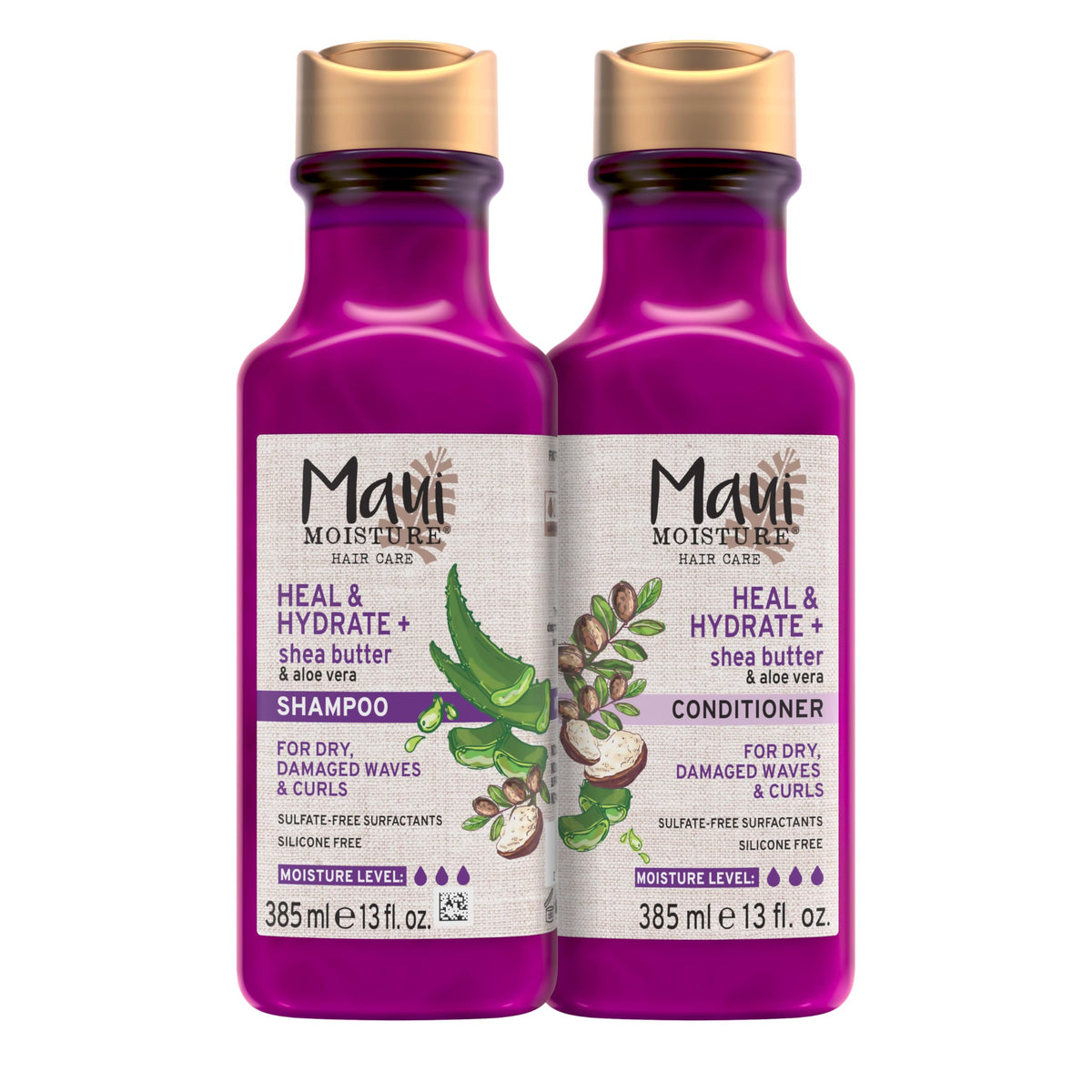 Maui Moisture front packaging showing two bottles and benefit of deep hydration