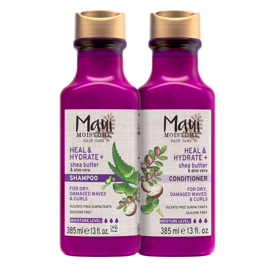 Maui Moisture front packaging showing two bottles and benefit of deep hydration