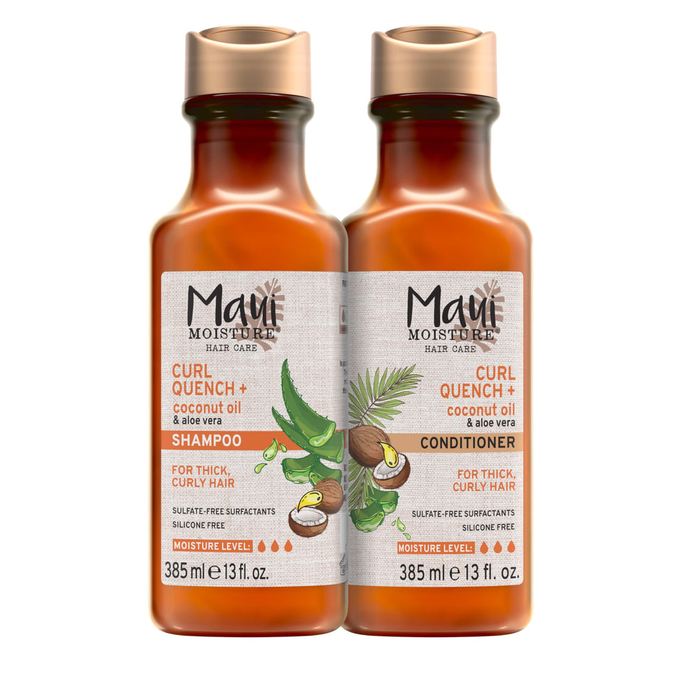 Maui Moisture front packaging showing curl-quench shampoo and conditioner benefits