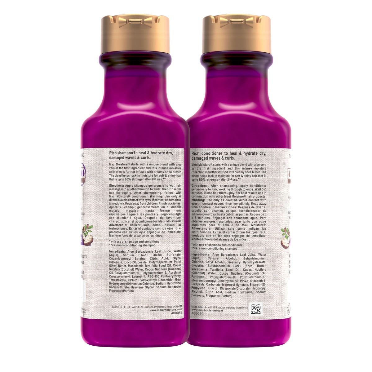 Maui Moisture bottles in hand for scale to show 13 fl oz size clarity