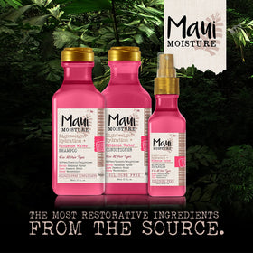 Maui Moisture bottle next to a hand for size comparison indicating the 13 fl oz capacity