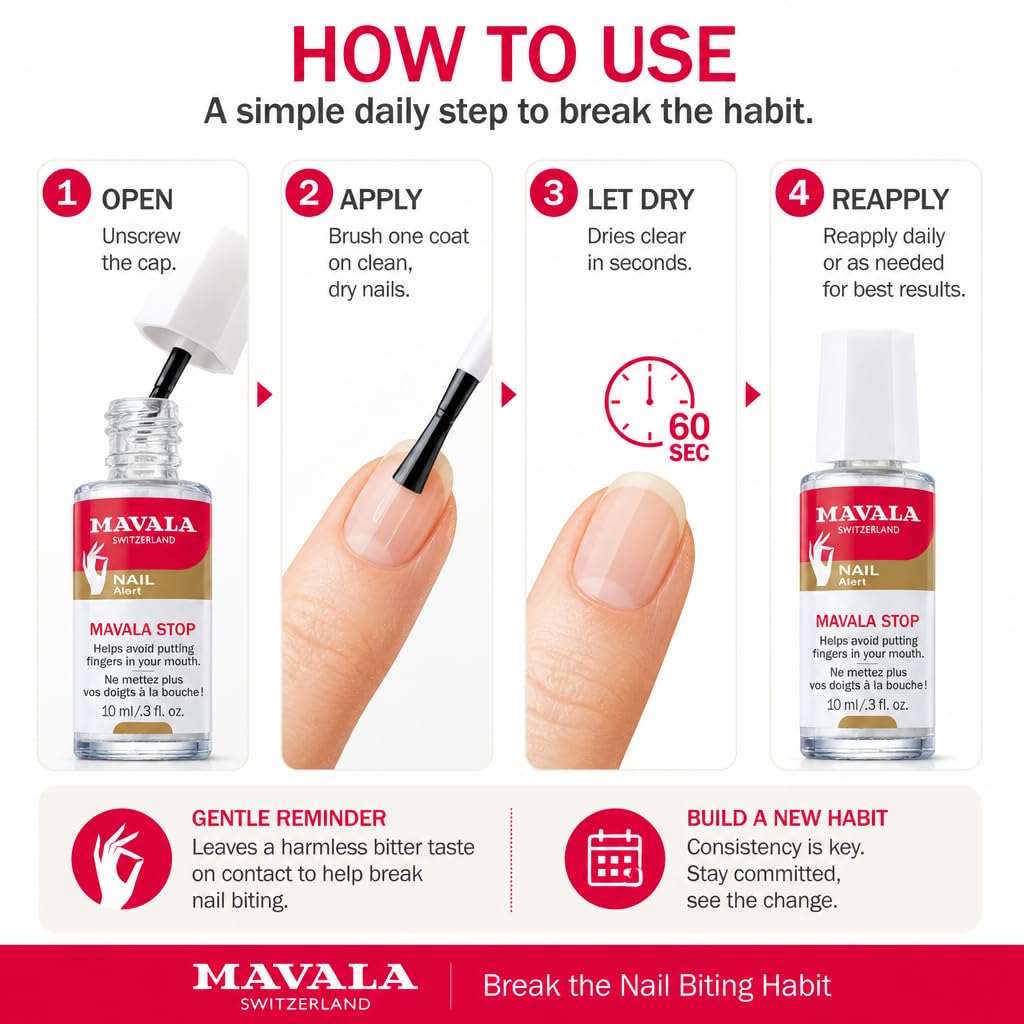 MAVALA clear finish on nail demonstrating shiny protective look and deterrent