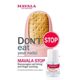 MAVALA Stop on a bathroom vanity near nail tools representing part of a daily nail care routine