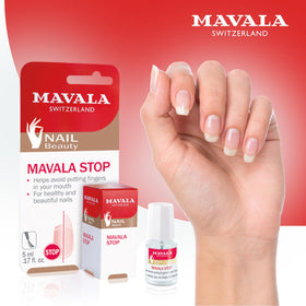 MAVALA Stop bottle held in hand to show compact 0.17 oz size for travel and daily use