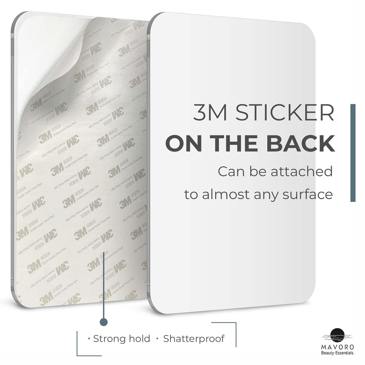 Detail of Mavoro 3M adhesive backing demonstrating strong peel-and-stick mounting benefit