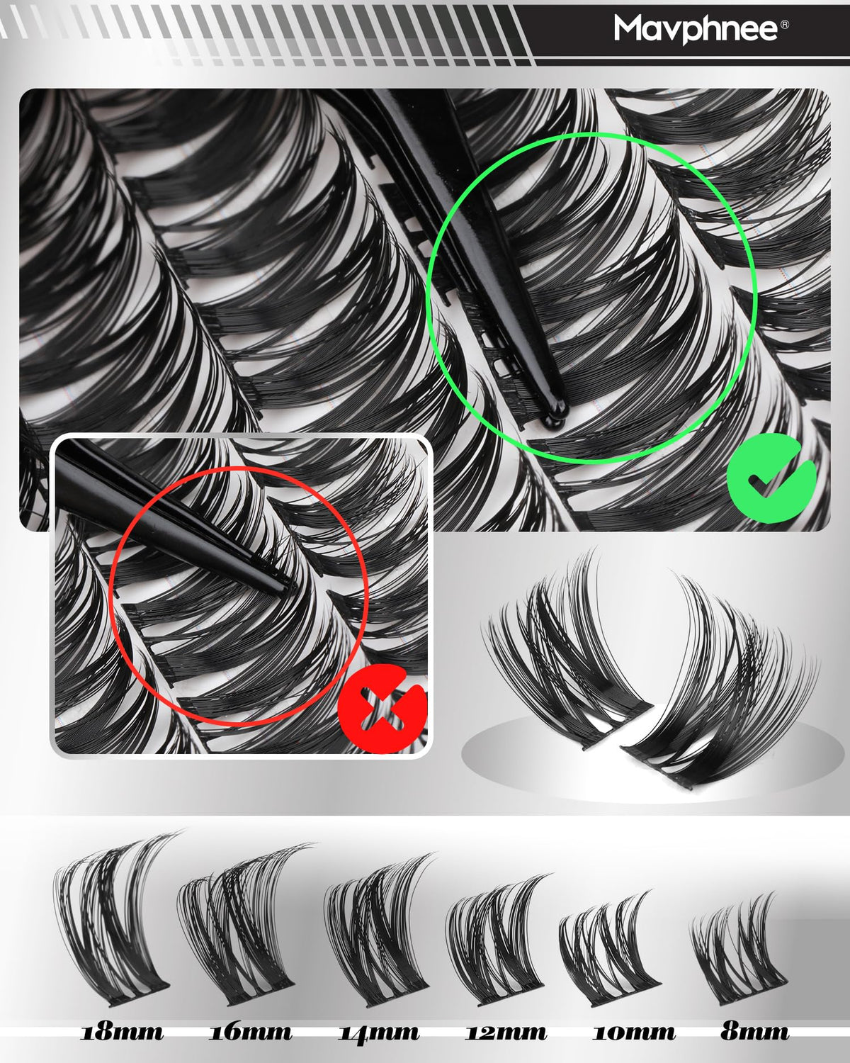 Mavphnee arranged 8–18mm clusters showing length range for custom shaping