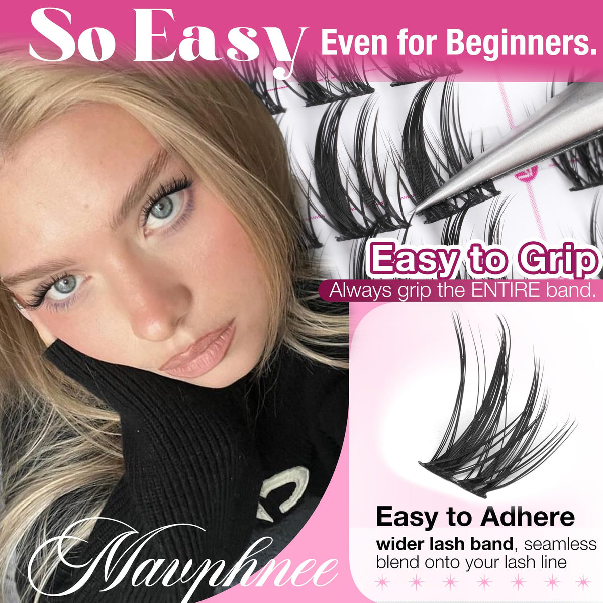 Mavphnee lash cluster being applied with tweezers for quick DIY results
