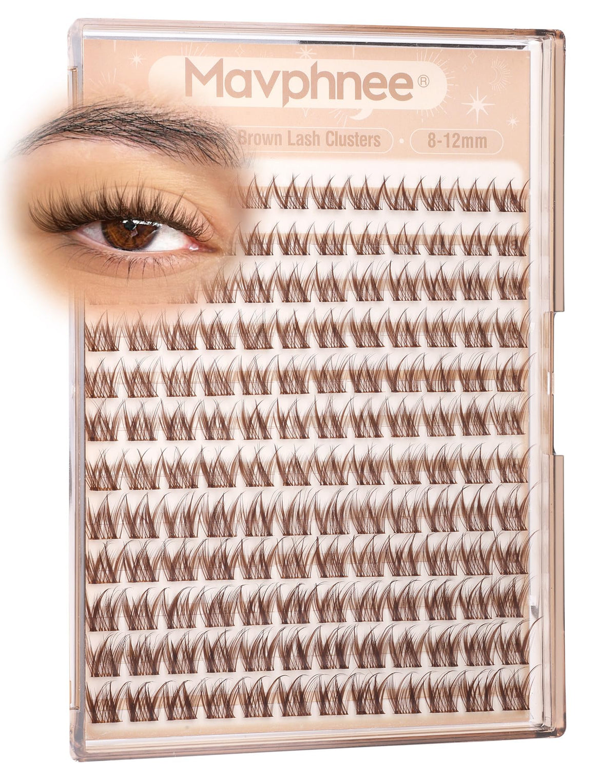 Mavphnee front packaging showing 144 brown lash clusters for natural wear