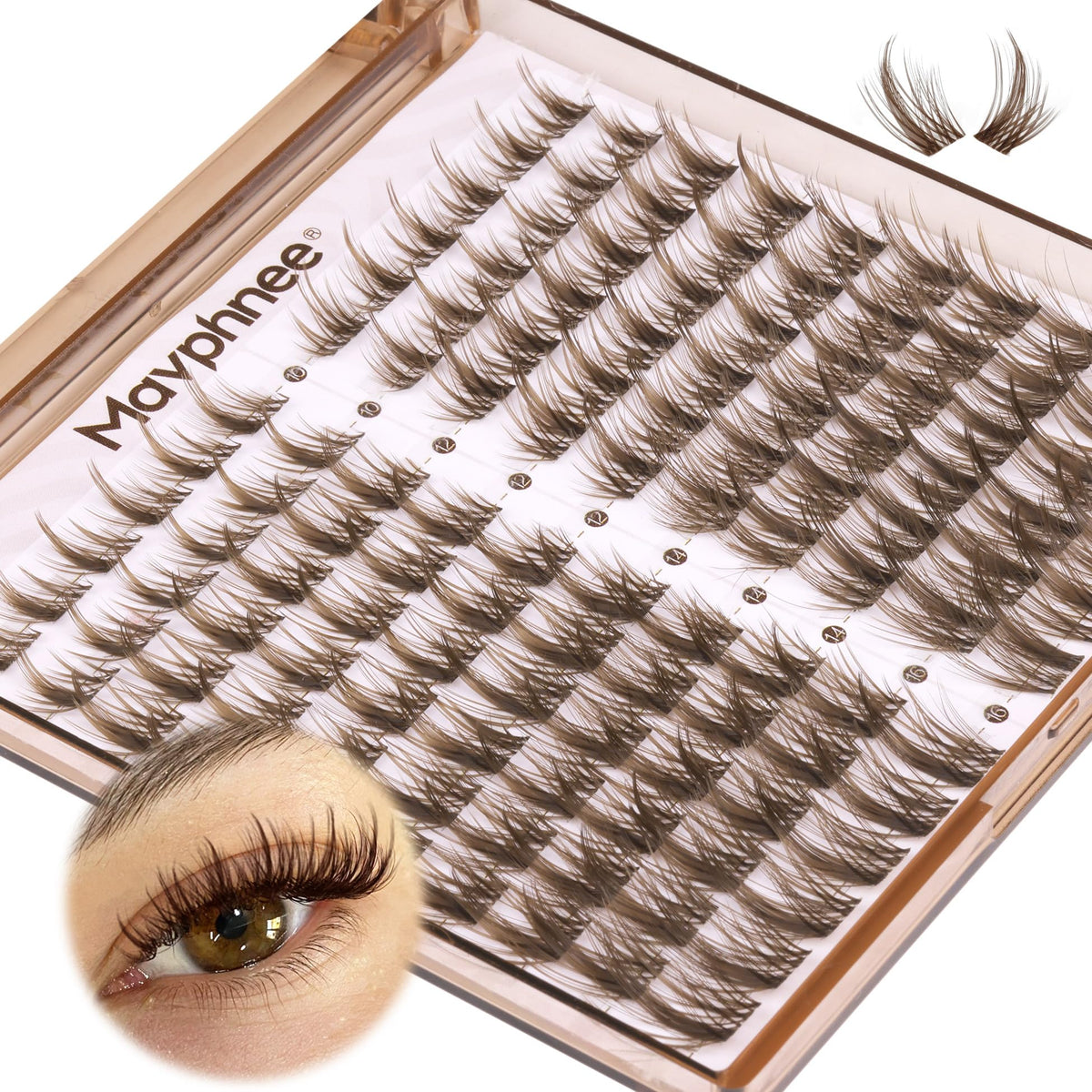 Mavphnee front packaging showing 120 brown lash clusters and sizes for convenience