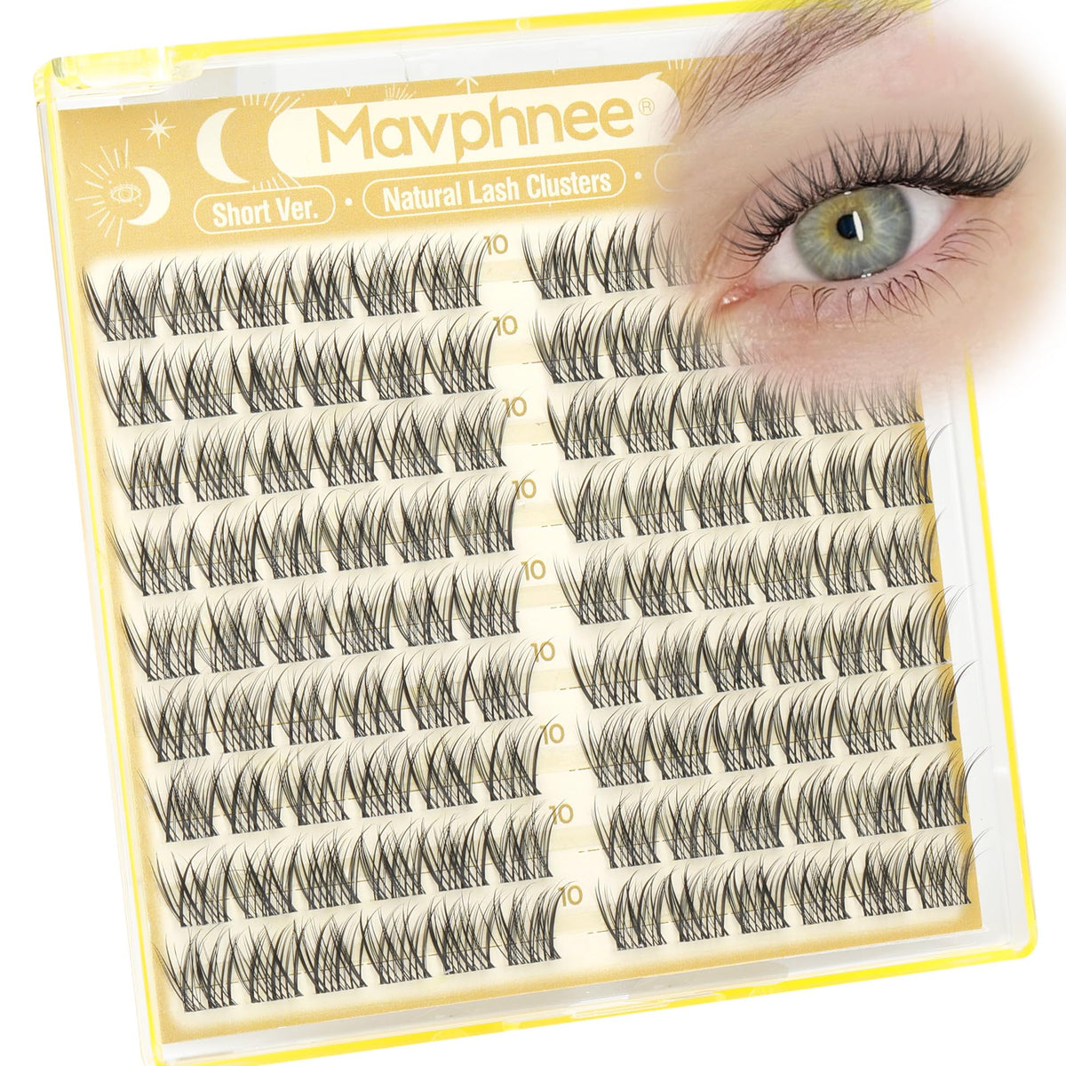 Mavphnee front packaging showing 108pcs cluster lashes and concise product benefits