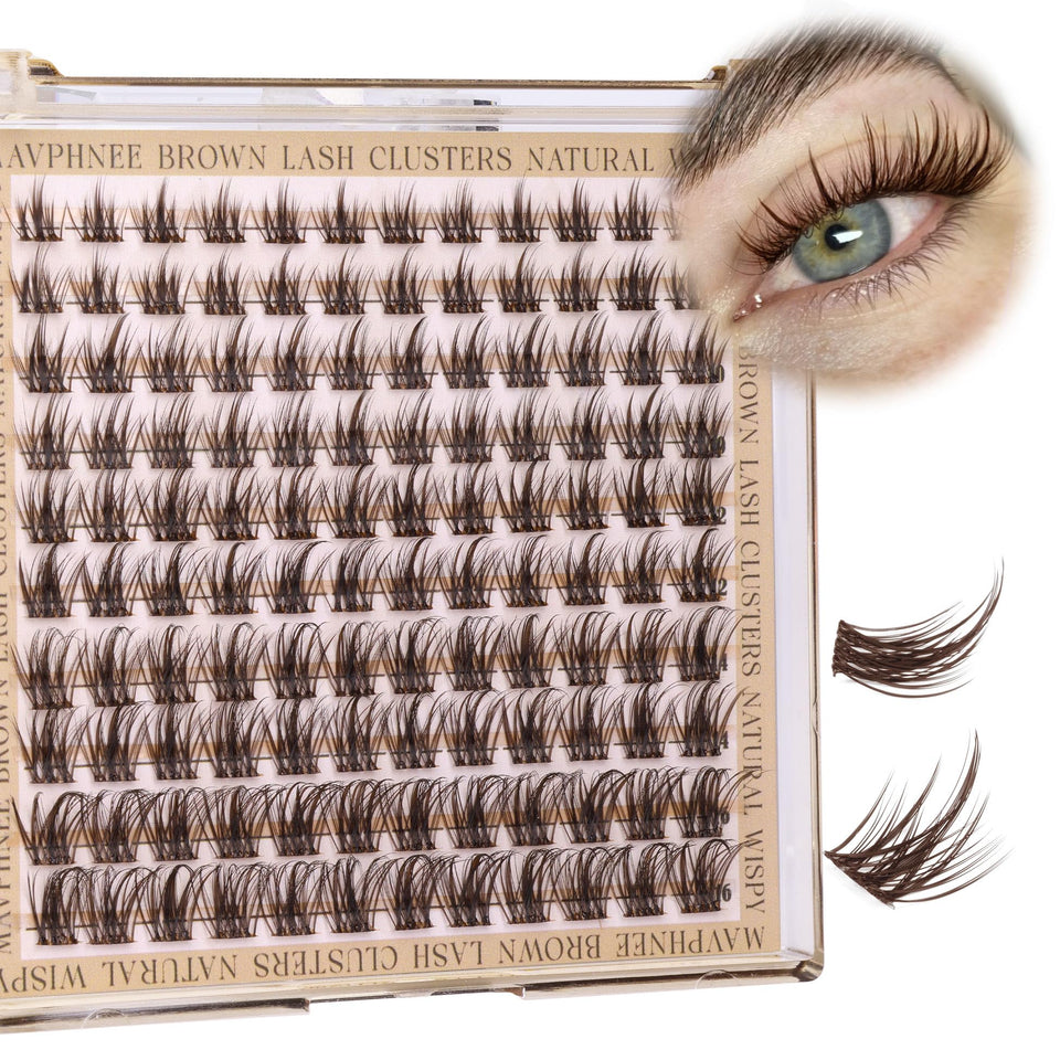 Mavphnee front packaging showing 120 brown lash clusters, easy customization