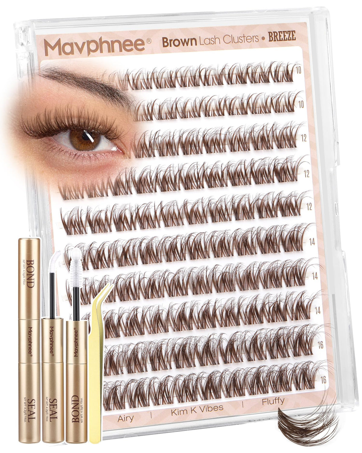 Mavphnee front packaging showing brown lash cluster kit and tools for easy styling