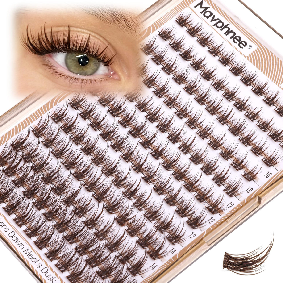 Mavphnee front packaging showing brown lash clusters and benefits