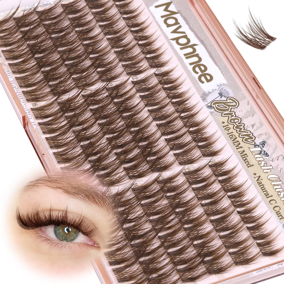 Mavphnee front packaging showing brown cluster lashes and product count, clear branding benefit