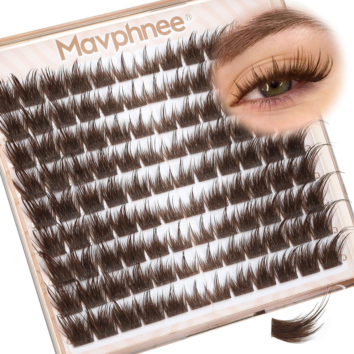 Mavphnee front packaging showing brown lash clusters and warm tinted box for easy selection