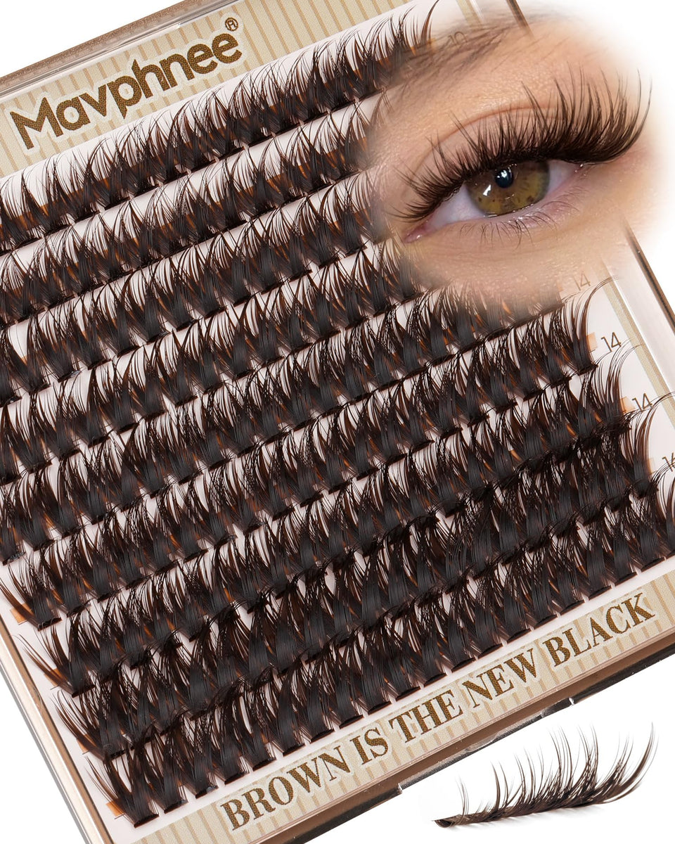 Mavphnee front packaging showing 180 brown lash clusters for natural looks