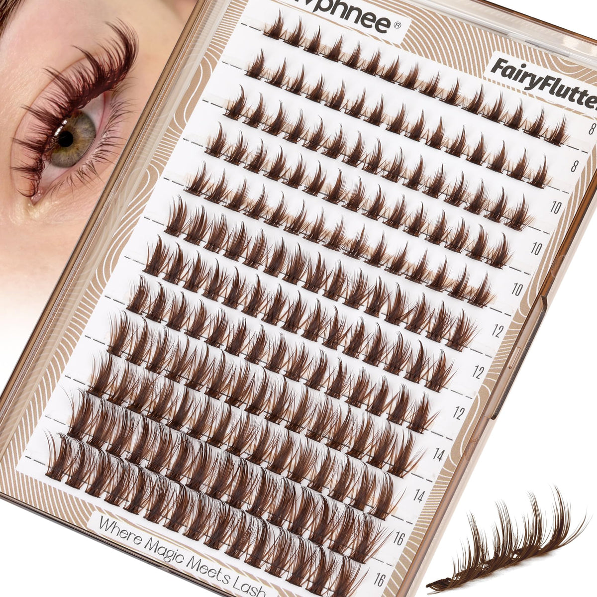 Mavphnee front packaging showing brown cluster lashes, clear labeling and volume