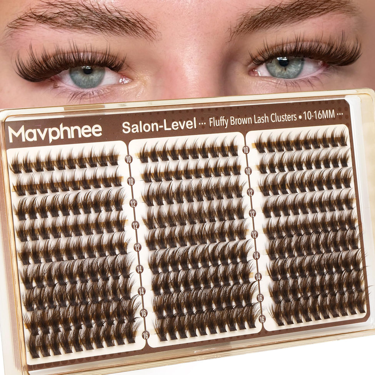 Mavphnee front packaging showing 270 brown lash clusters, ideal for value DIY sets