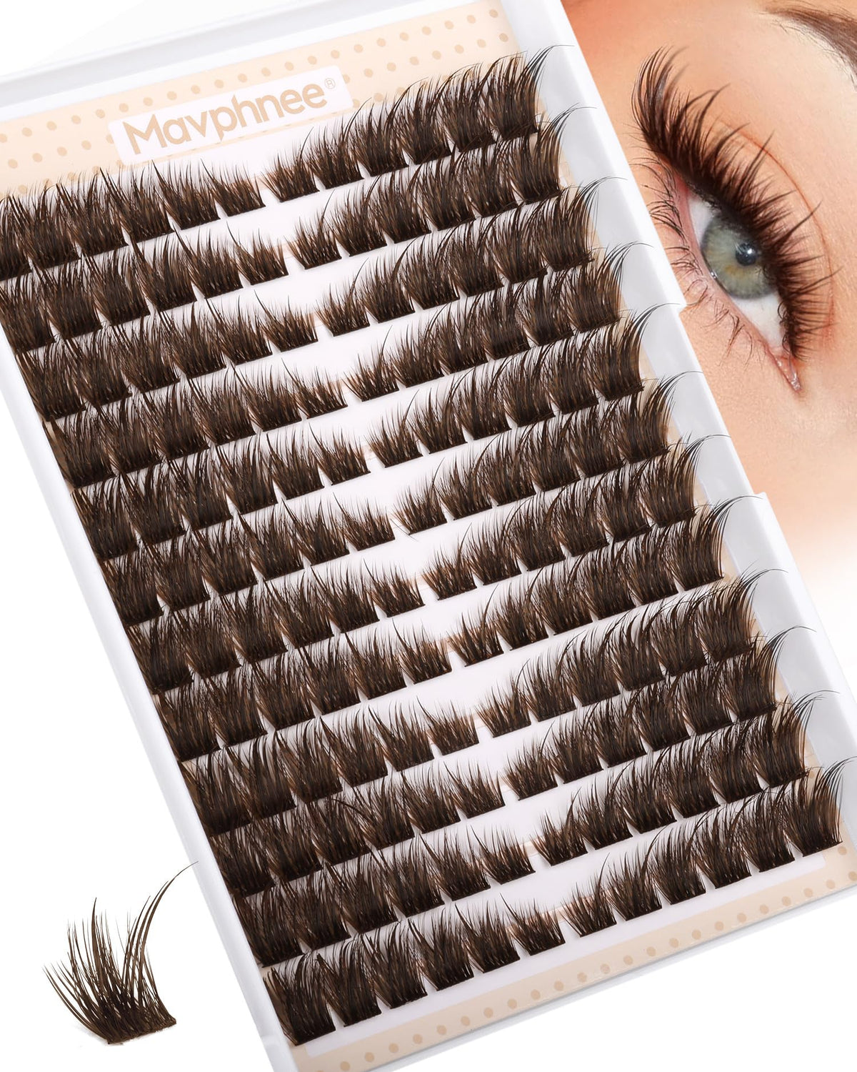 Mavphnee front packaging showing brown cluster lash set and benefits