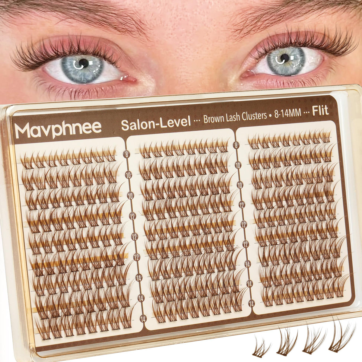 Mavphnee front packaging showing 216 brown cluster lashes for daily wear