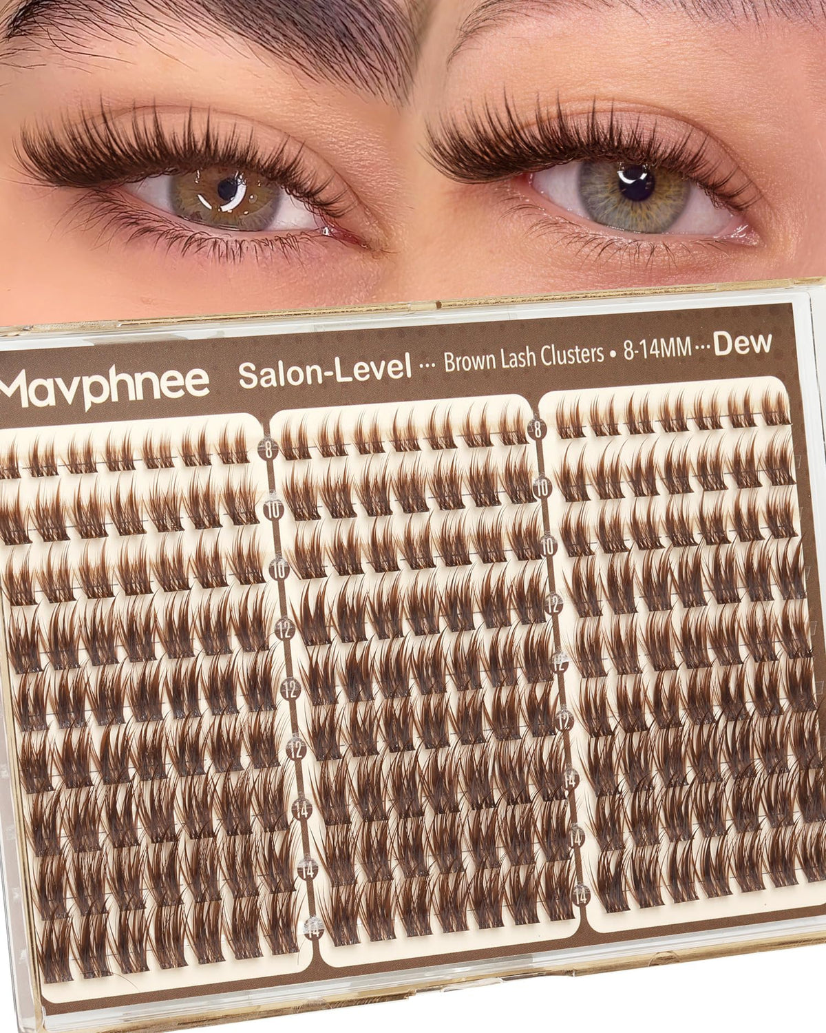 Mavphnee front packaging showing brown lash clusters and set benefit