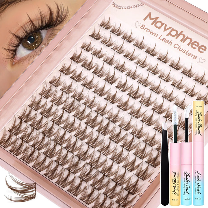 Mavphnee front packaging showing full brown lash clusters kit benefits