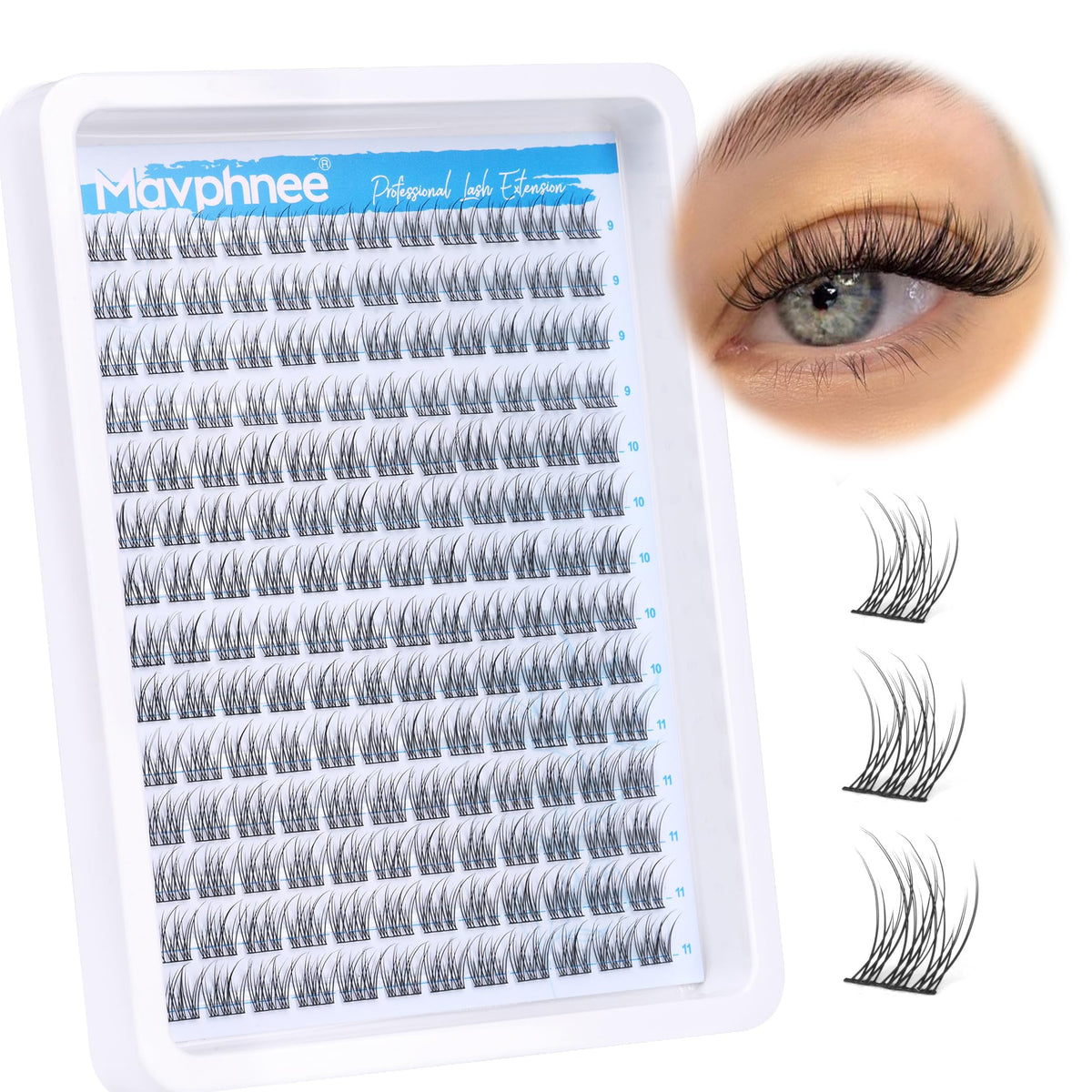 Mavphnee front packaging showing 168-piece cluster lash set and benefits