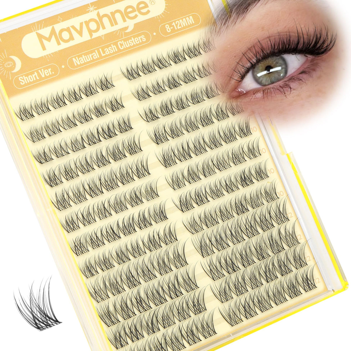 Mavphnee front packaging showing 144 natural lash clusters for quick application