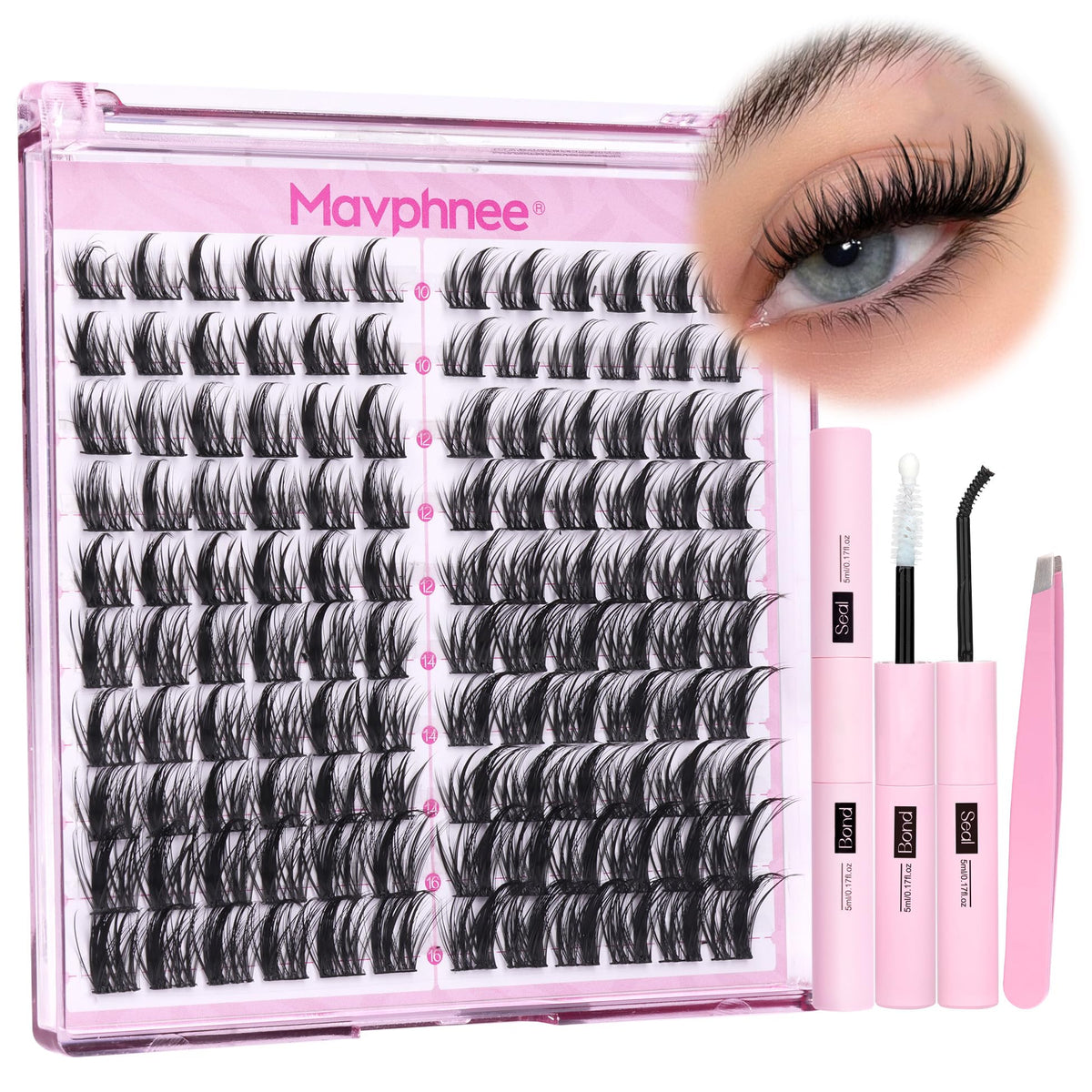 Mavphnee front packaging showing complete natural lash clusters kit and tools