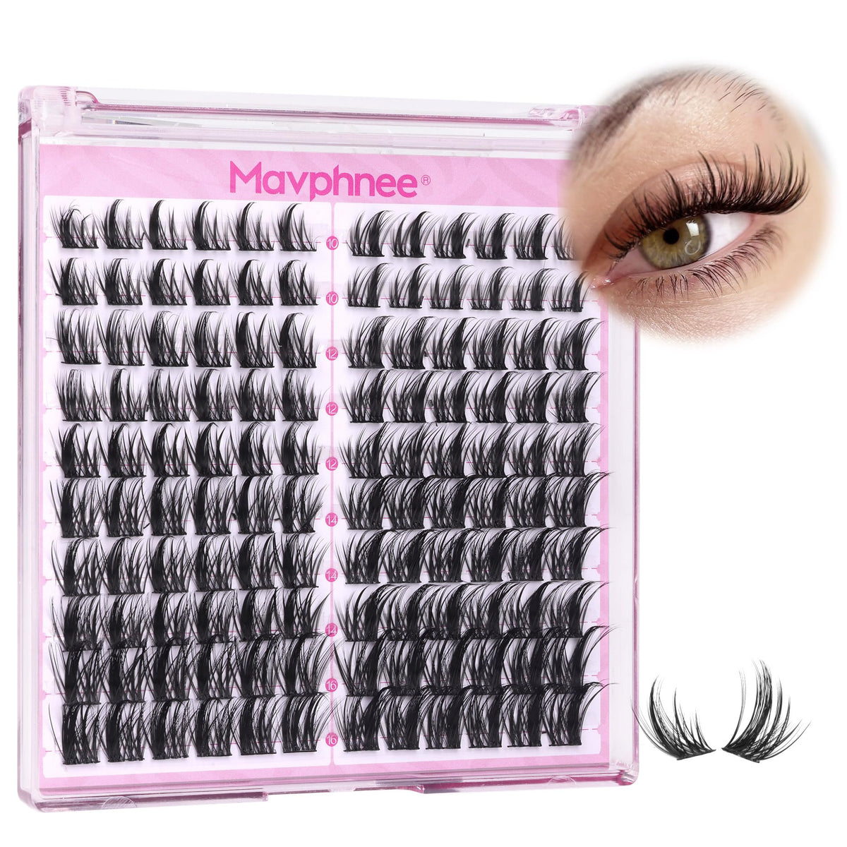 Mavphnee front packaging showing 120-piece spiky lash clusters and benefits