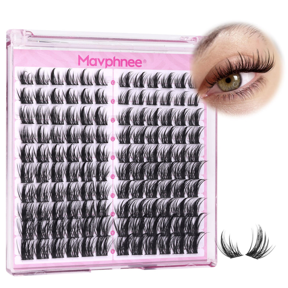 Mavphnee front packaging showing 120-piece spiky lash clusters and benefits