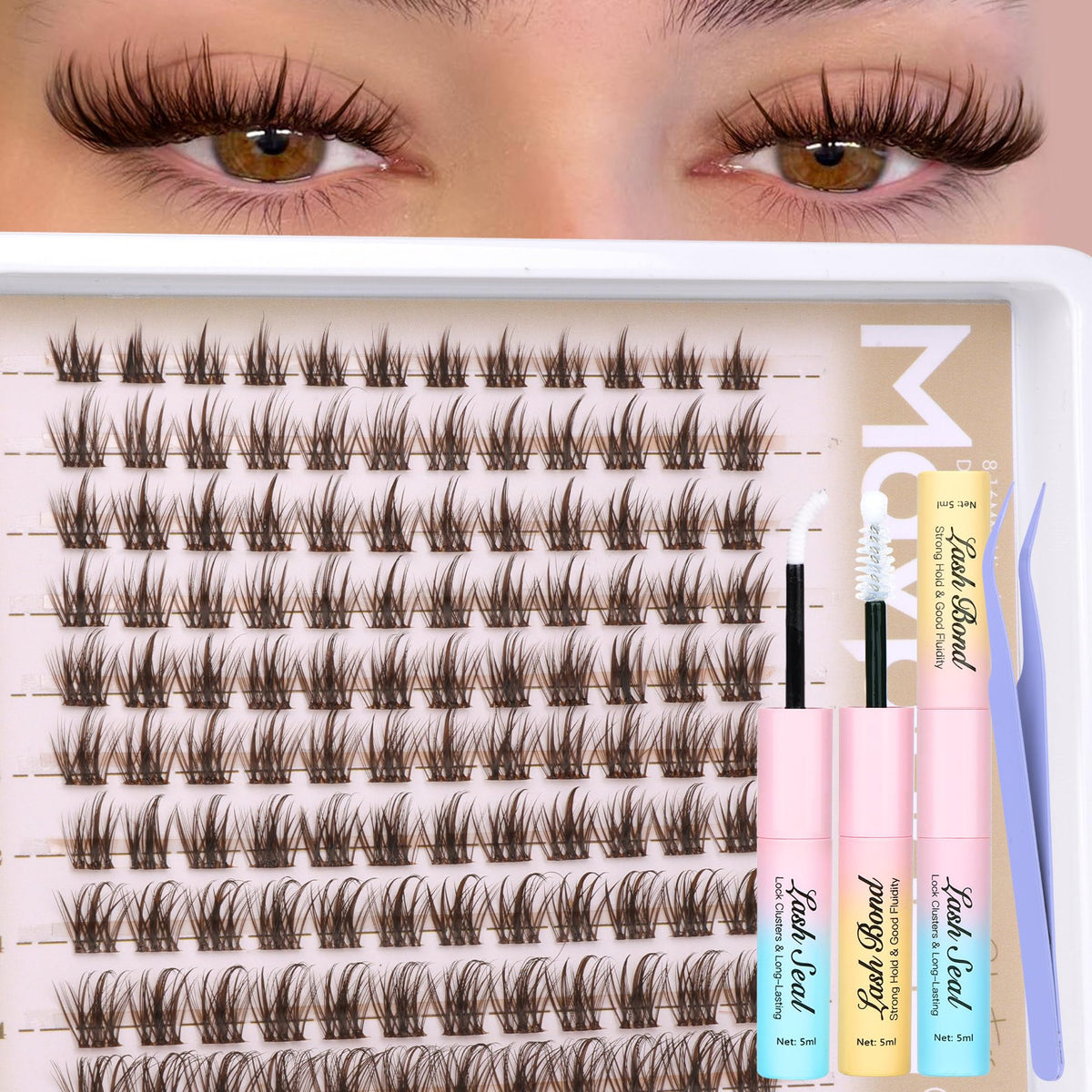 Mavphnee full kit flatlay with clusters, bond, seal, and tweezers for at-home use