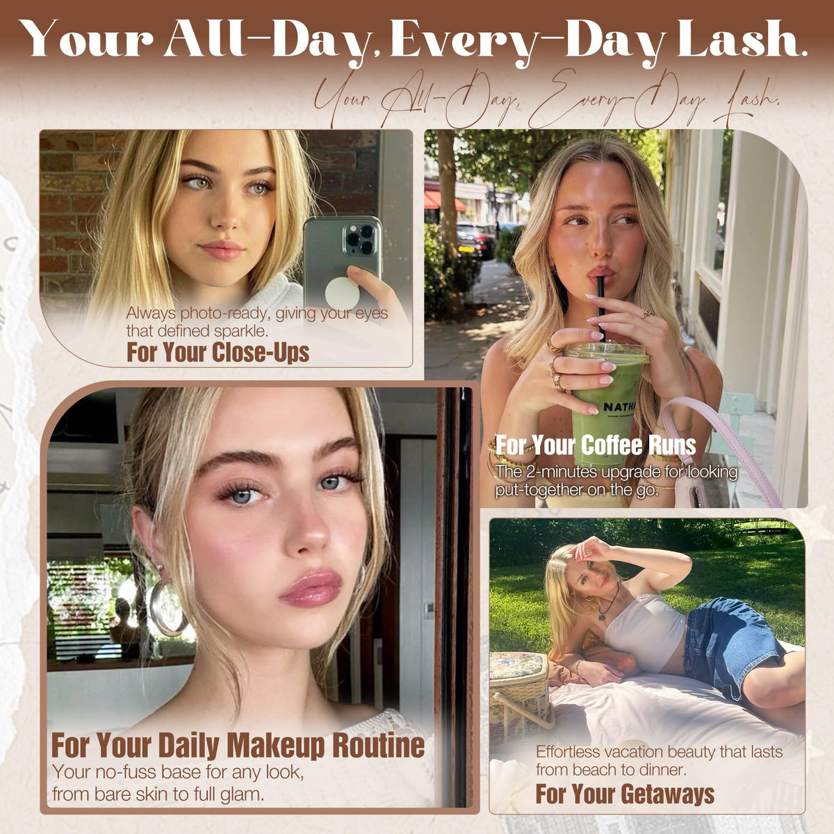 Mavphnee model wearing lashes with soft-glam makeup enhancing warmth