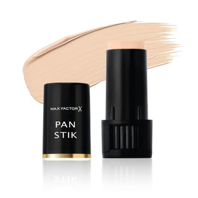 Max Factor Pan Stik front packaging showing shade label and compact design for easy touch-ups