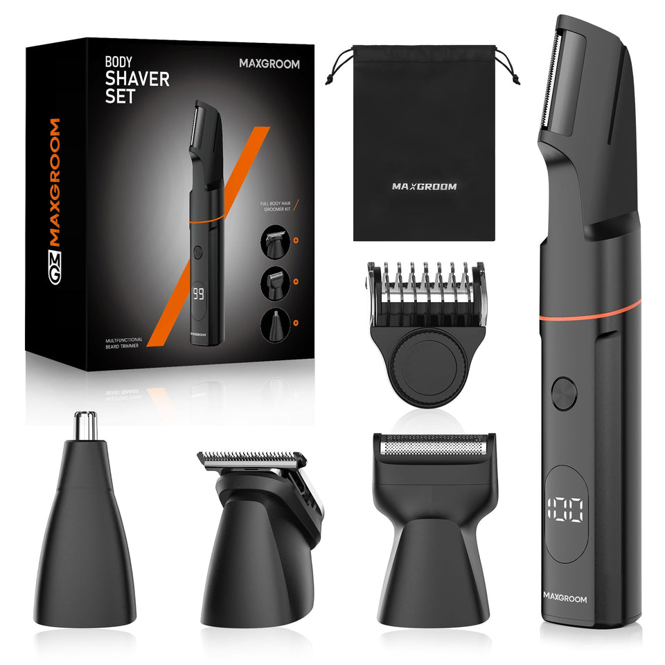 MAXGROOM front packaging showing full grooming kit and benefits