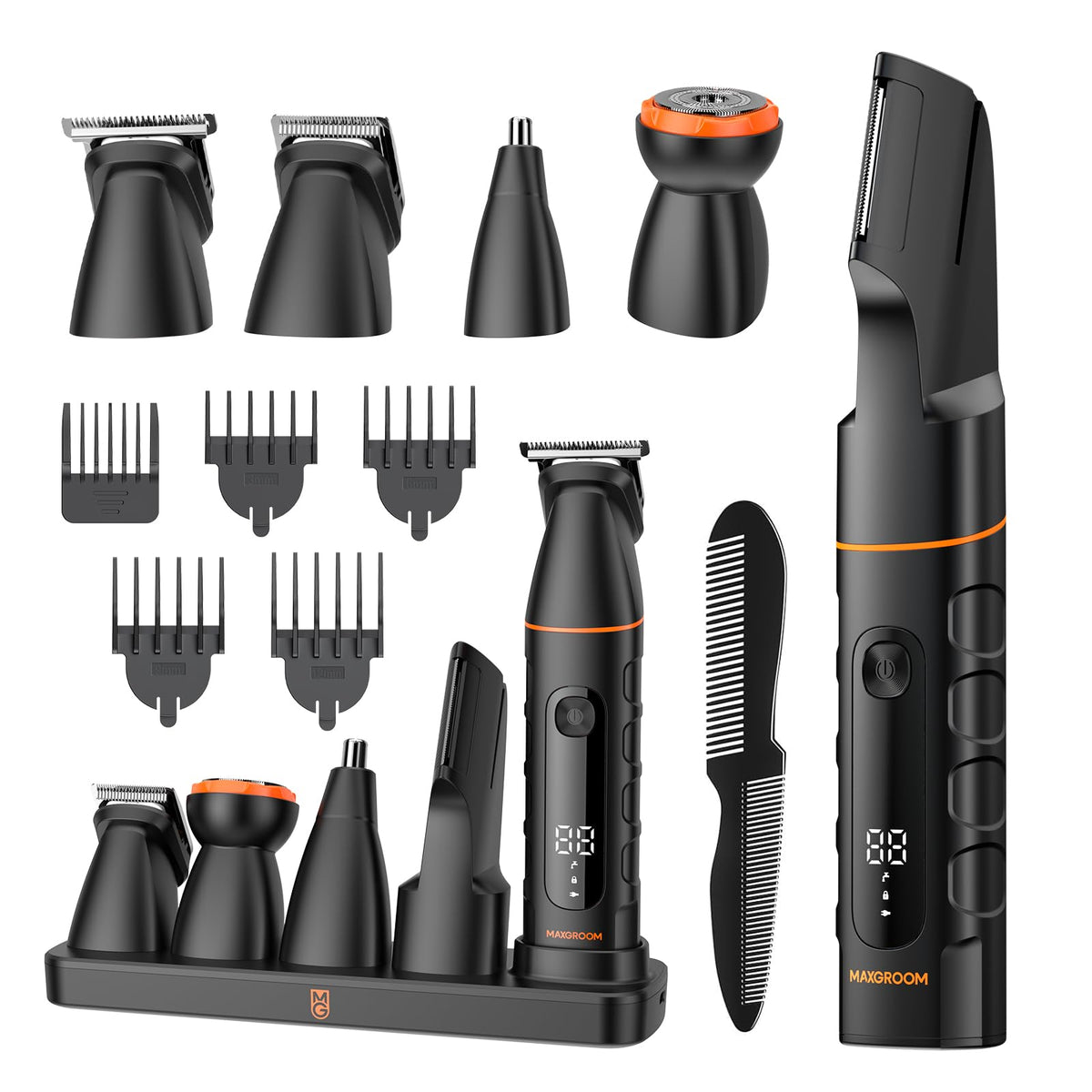 MAXGROOM front view of full kit showing all attachments and dock for organized storage
