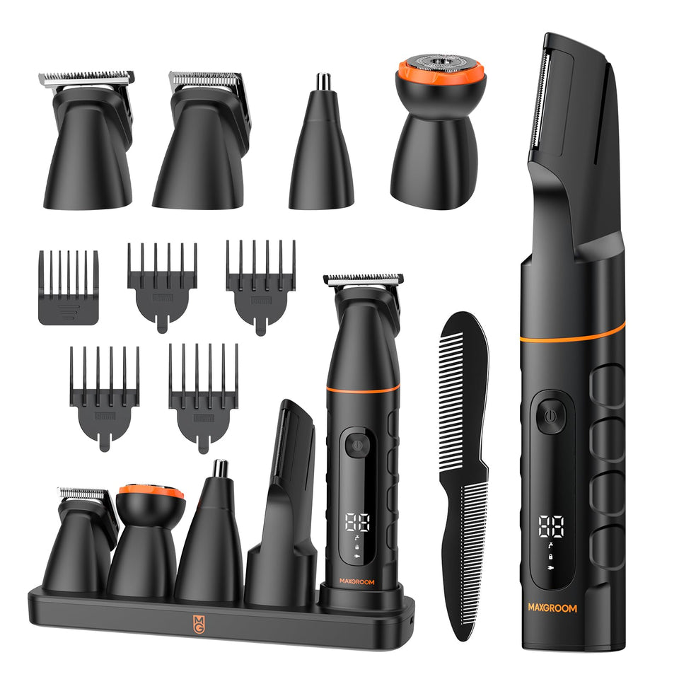 MAXGROOM front view of full kit showing all attachments and dock for organized storage