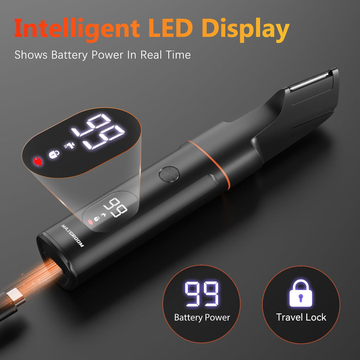 MAXGROOM LED display showing battery level for charging insight