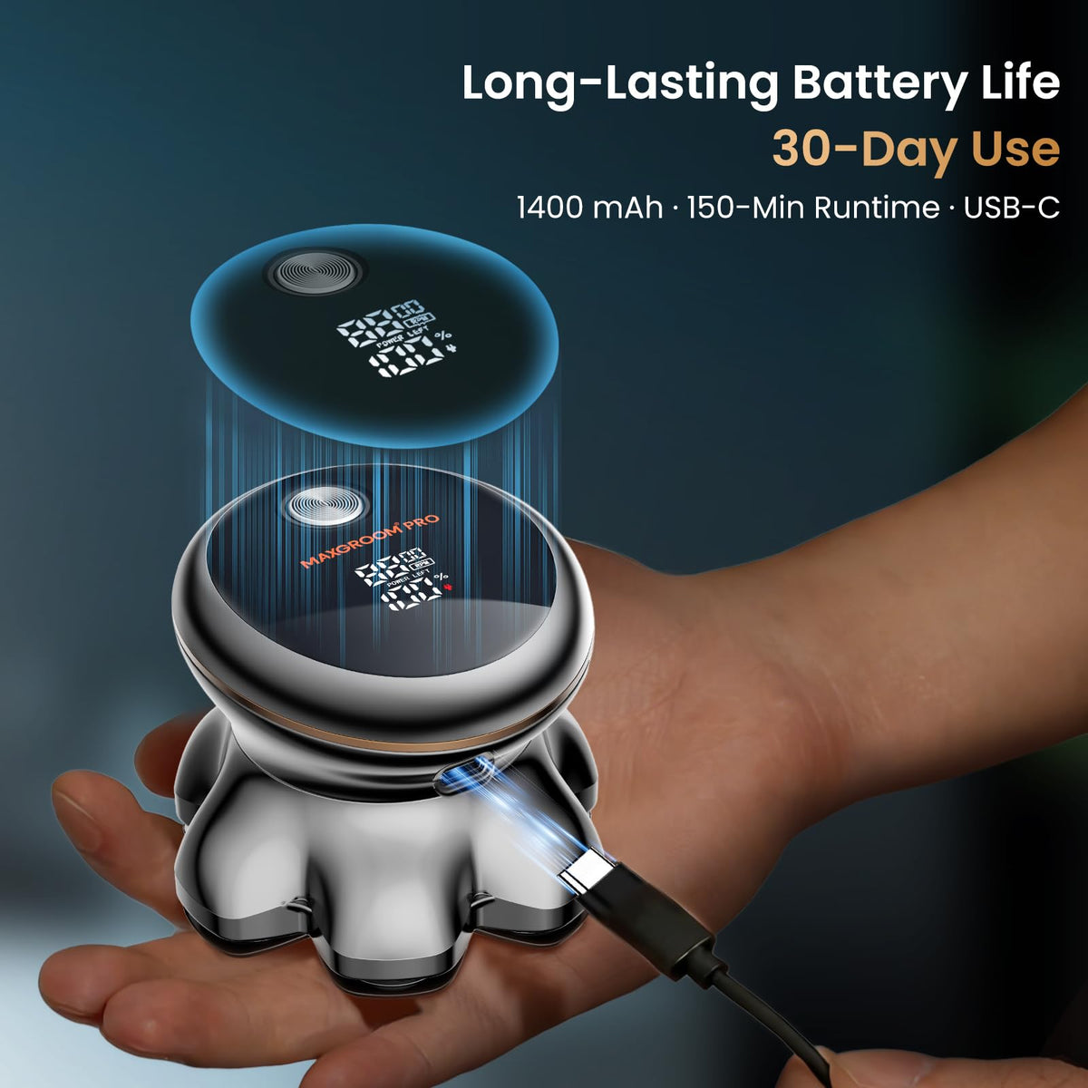 MAXGROOM LED display and handle showing battery status and control benefit
