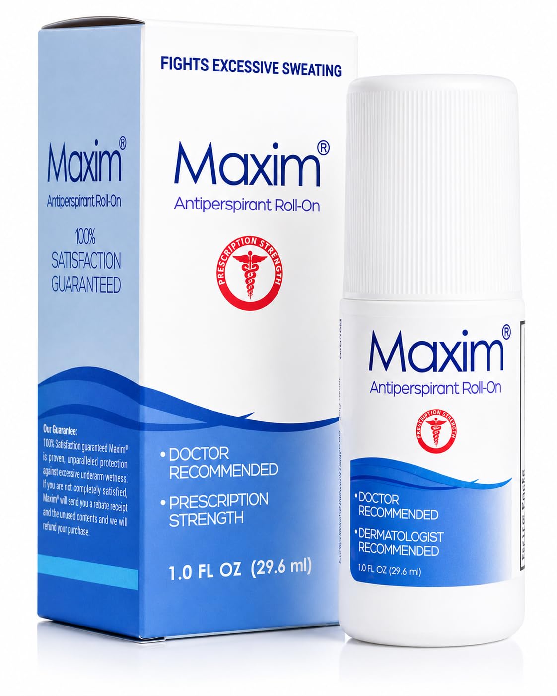 MAXIM front packaging roll-on showing brand and clinical strength benefits