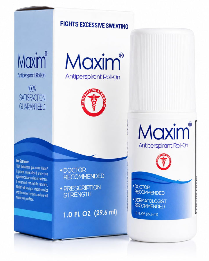 MAXIM front packaging roll-on showing brand and clinical strength benefits