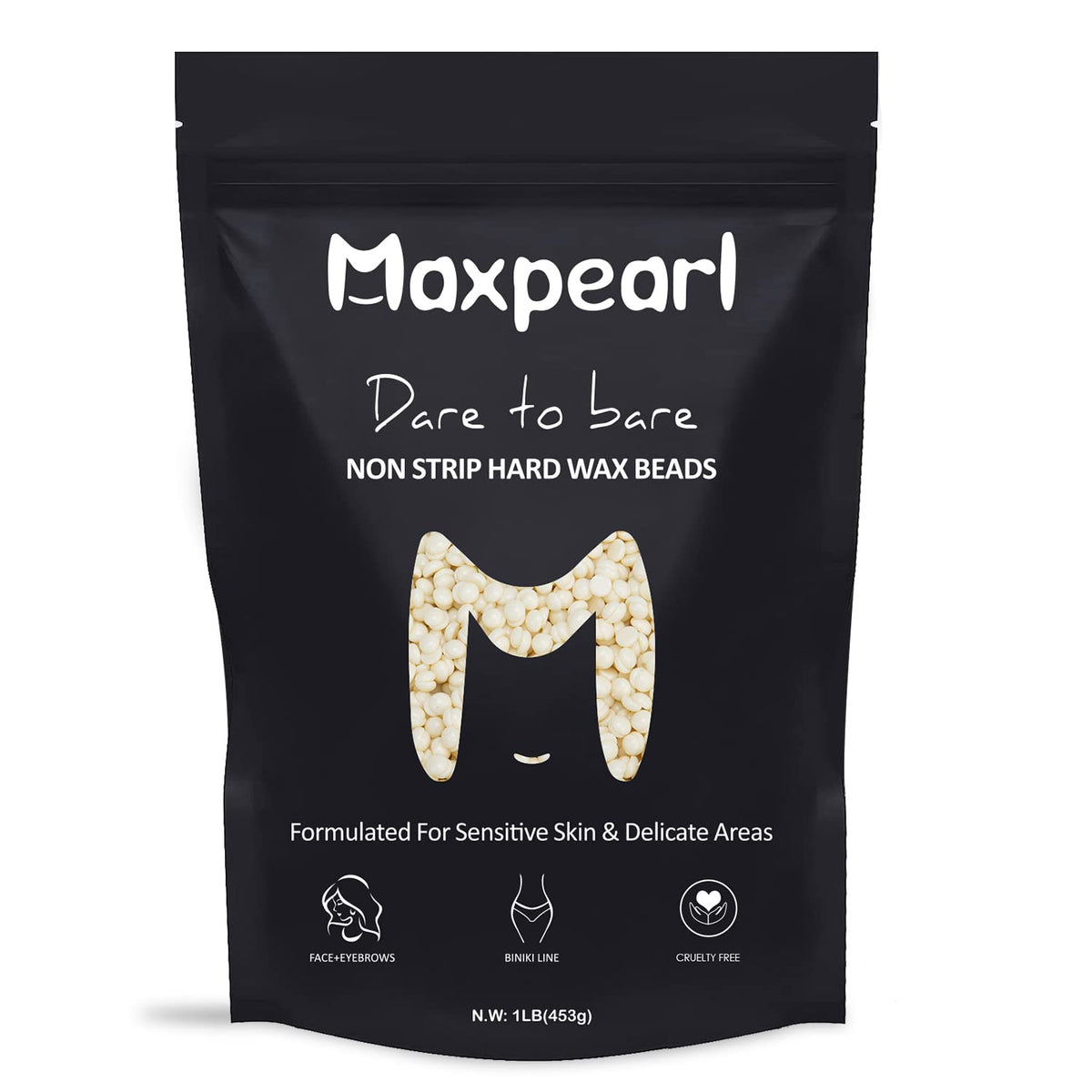 Maxpearl front pouch showing product and labeling, highlights safe facial use