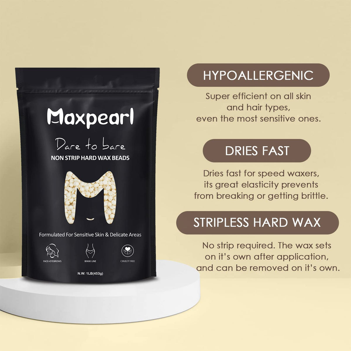 Maxpearl being applied to upper lip, illustrates precise hair removal benefit