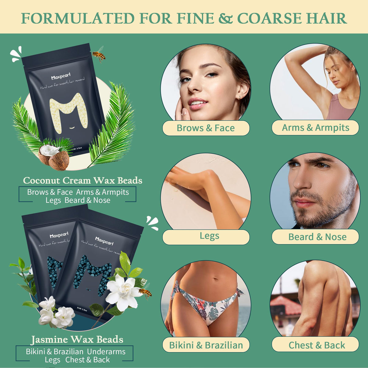 Maxpearl wax beads close-up highlighting smooth coconut jasmine formula