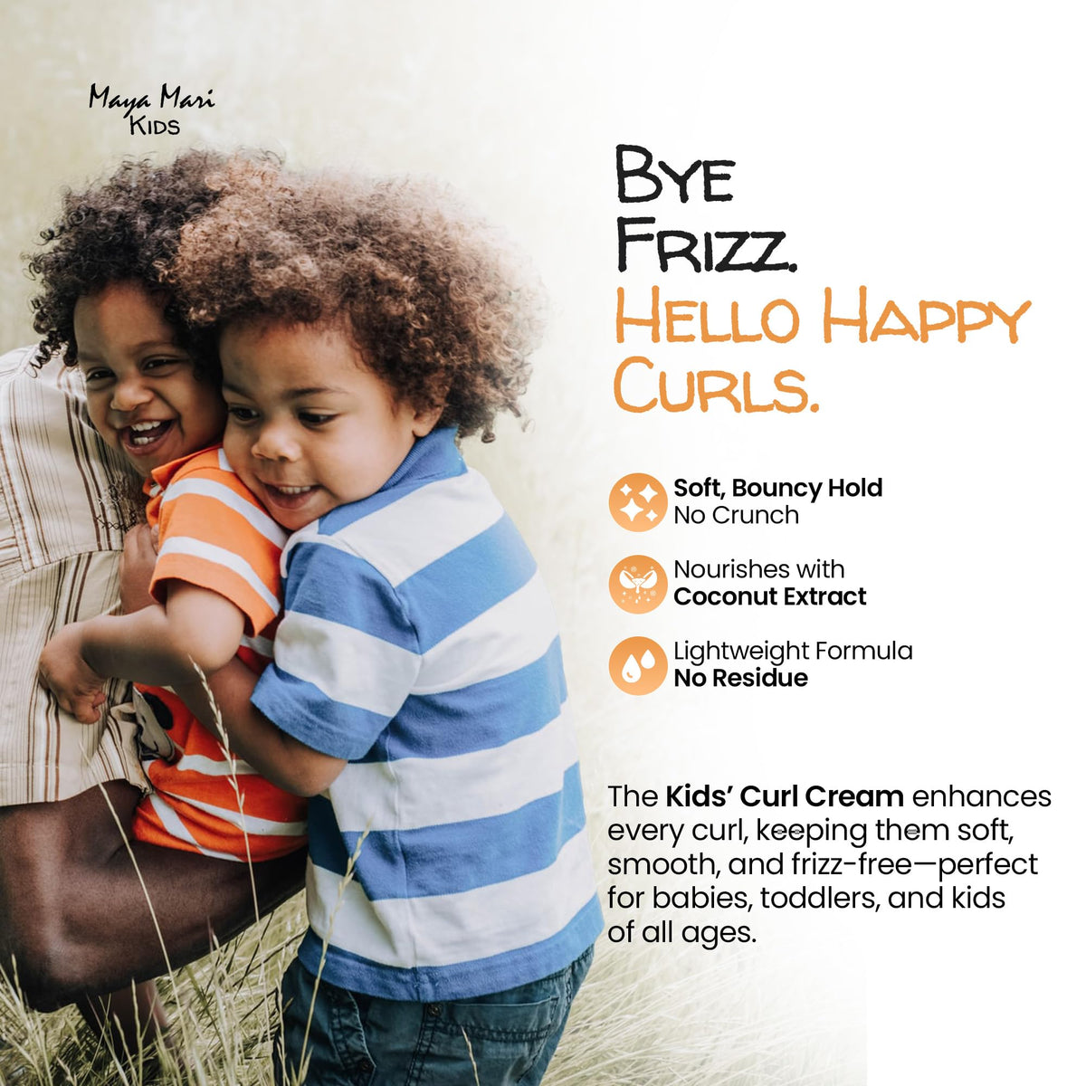 MAYA MARI cream being smoothed into damp toddler hair for frizz control